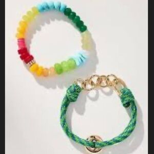 New Anthropologie Multicolor Beaded and Green Braided Bracelets Set
